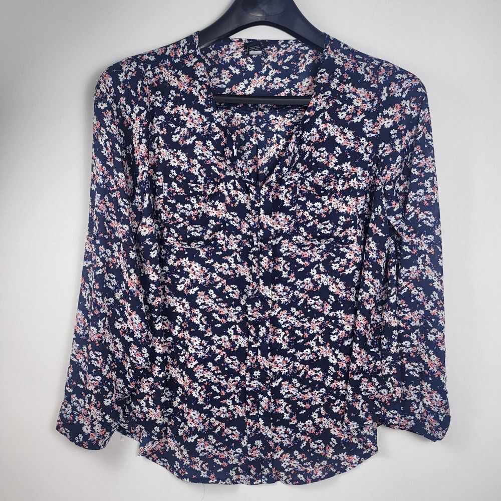 Torrid Top Womens Large Blue Pink Floral Flowy Button Up Long Sleeve Cottagecore
